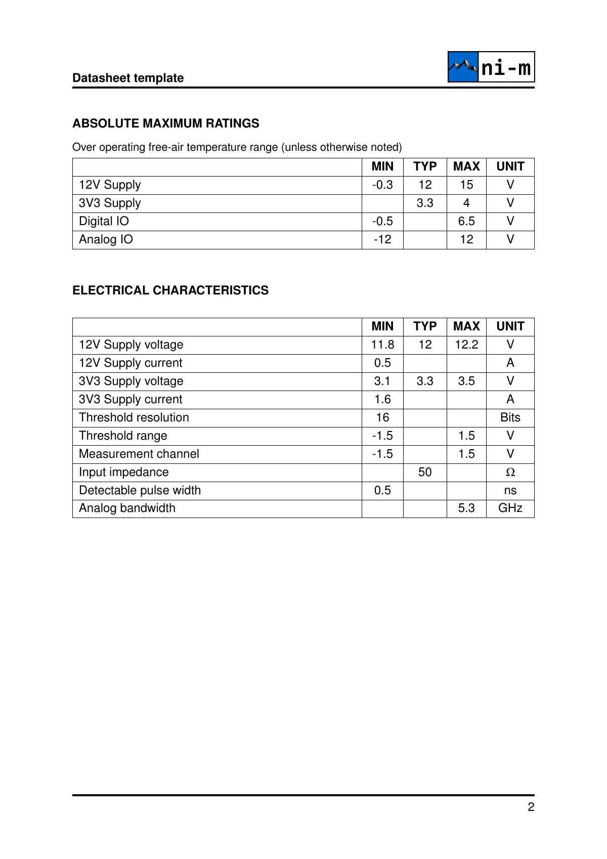 Two-column product datasheet with plots LaTeX template, page 2 of 4