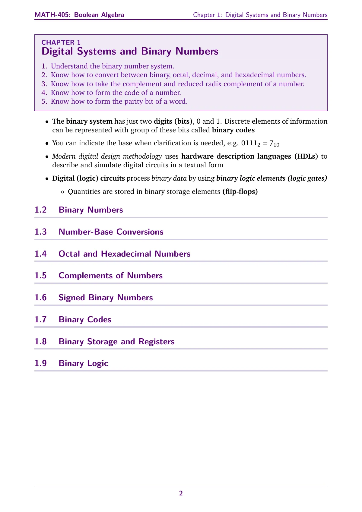 Course notes for required readings, modern style LaTeX template, page 2 of 3