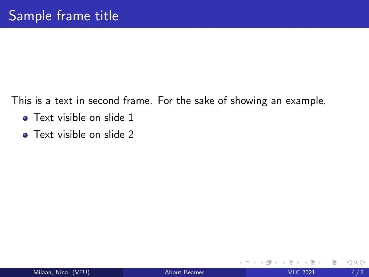 First Beamer presentation, short example LaTeX template, page 5 of 13