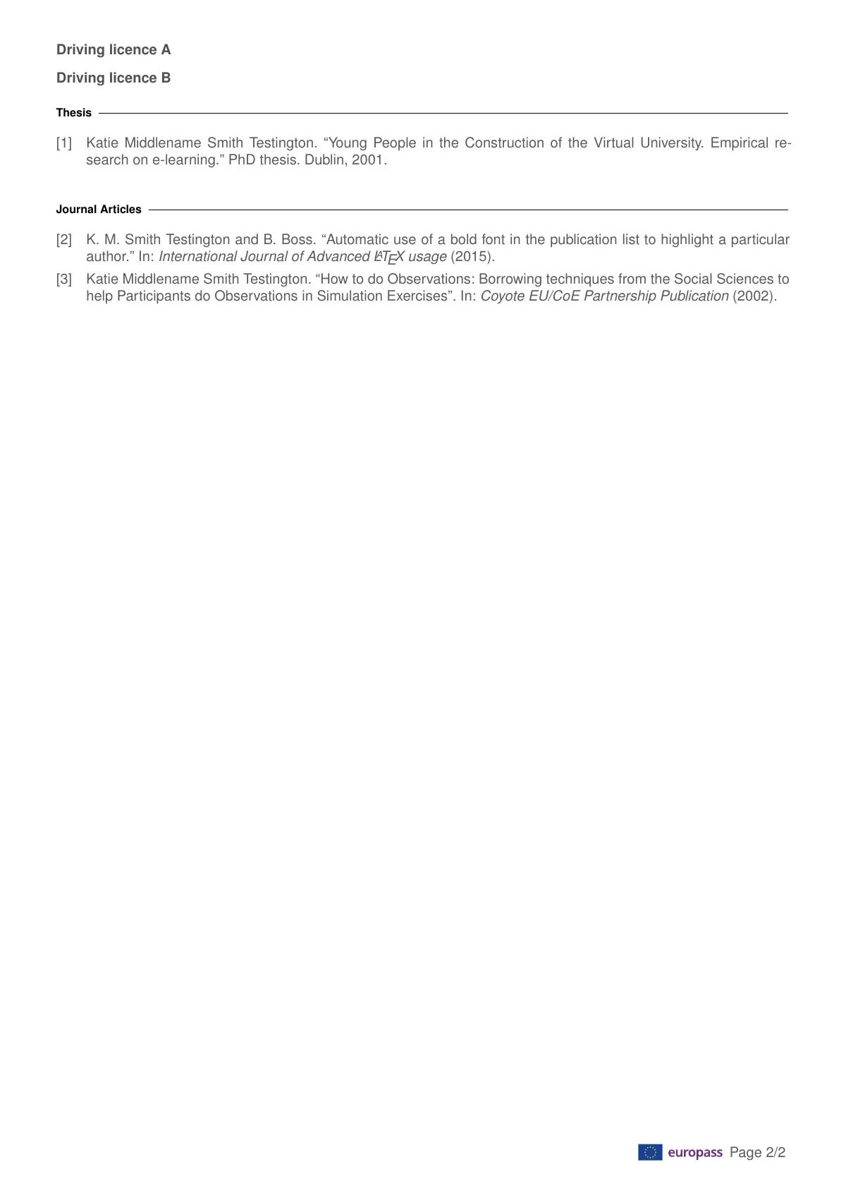 Europass CV 2025, English with publications LaTeX template, page 2 of 2