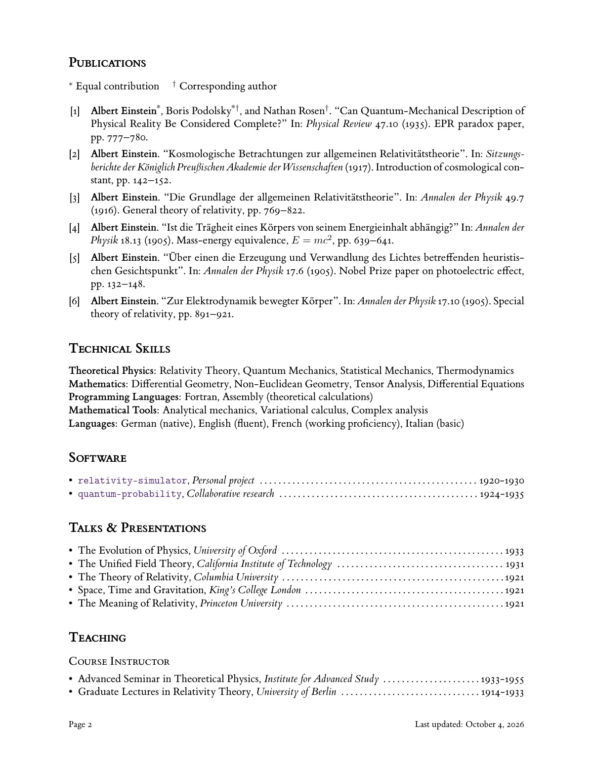 Modern minimal academic CV LaTeX template, page 2 of 3