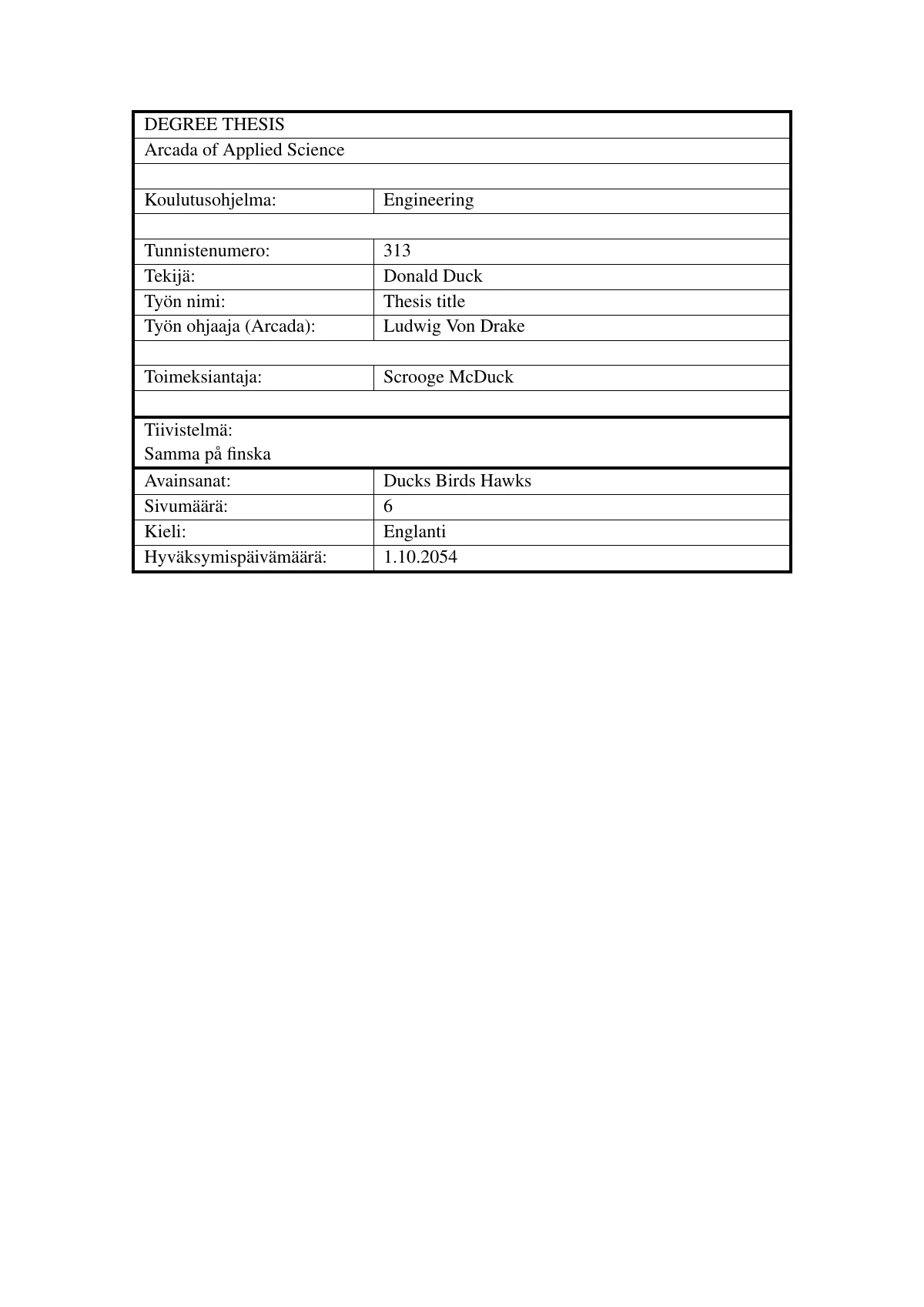 Modèle LaTeX Thèse de diplôme de l'Arcada University of Applied Sciences, page 4 sur 7