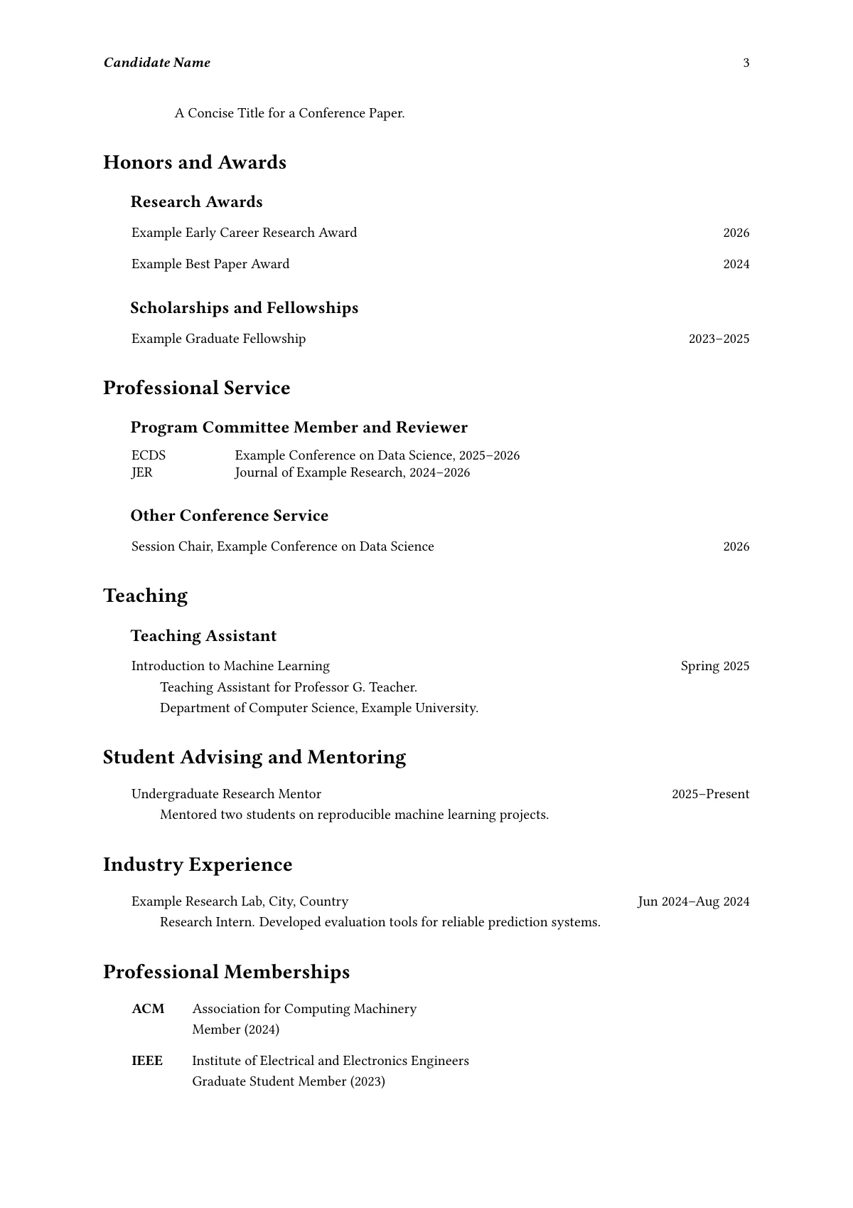 Clean academic CV with separate content file LaTeX template, page 3 of 4