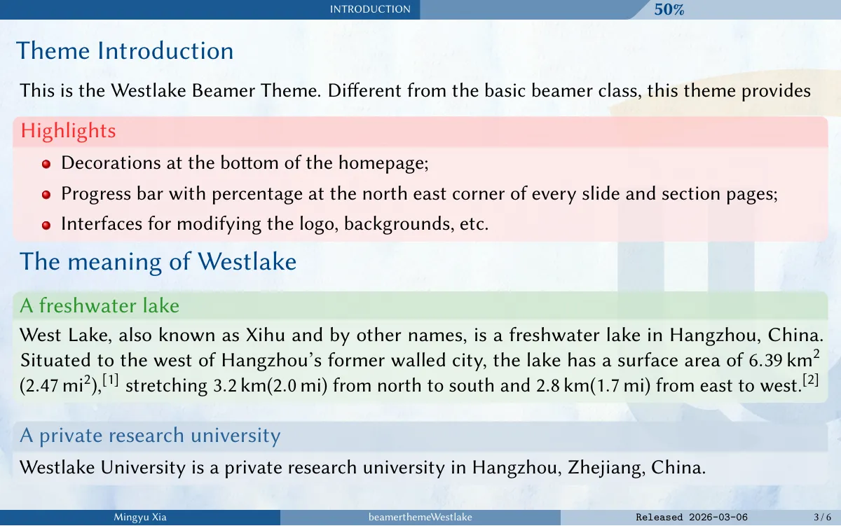 LaTeX-Vorlage Westlake University Beamer theme, Seite 3 von 6