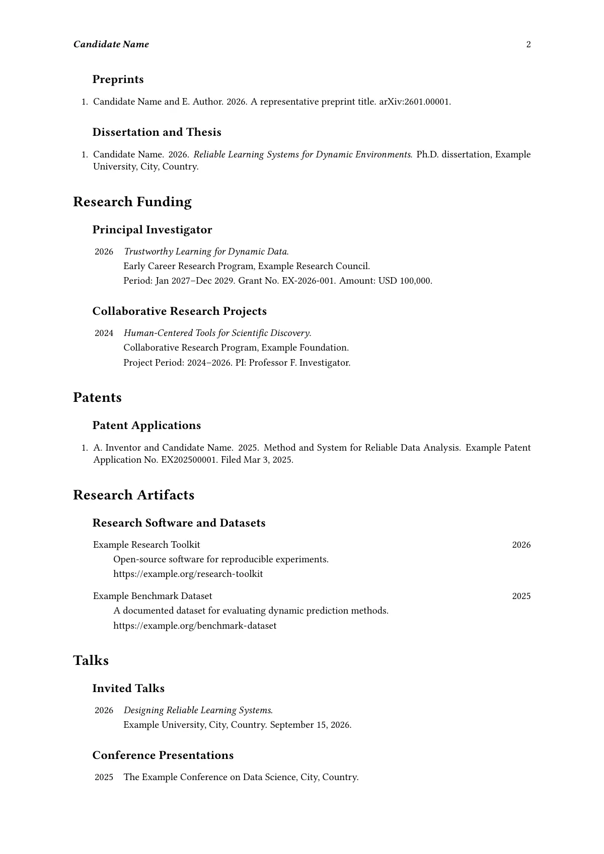 Clean academic CV with separate content file LaTeX template, page 2 of 4