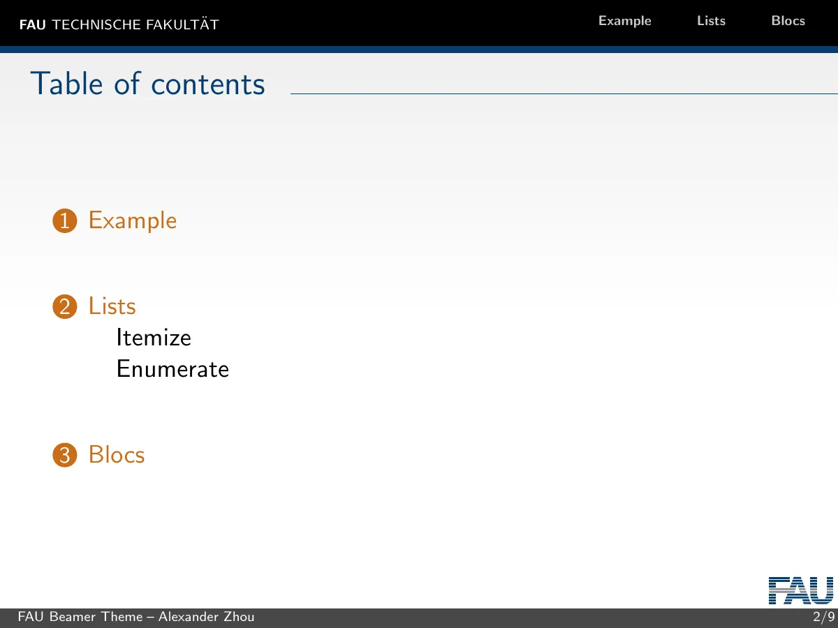 FAU Erlangen Technical Faculty Beamer theme LaTeX template, page 2 of 12