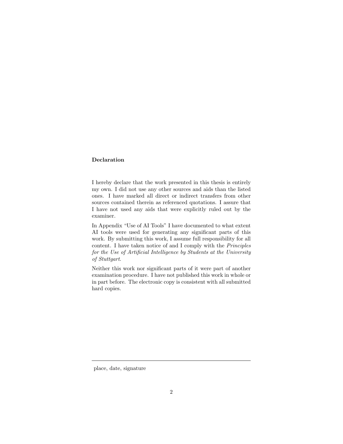 Thesis cover page and affirmation, Stuttgart style LaTeX template, page 2 of 2