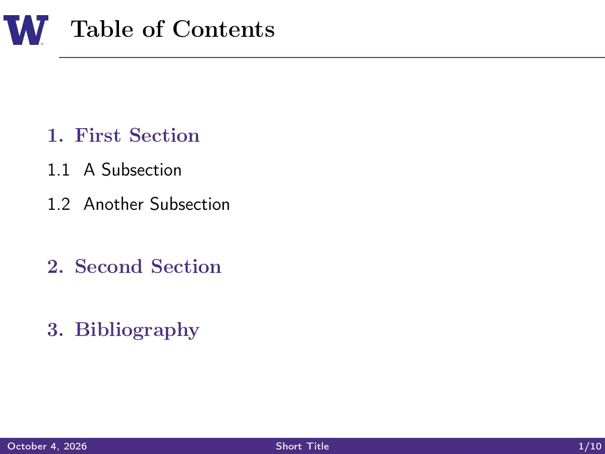 University of Washington Beamer theme LaTeX template, page 2 of 12