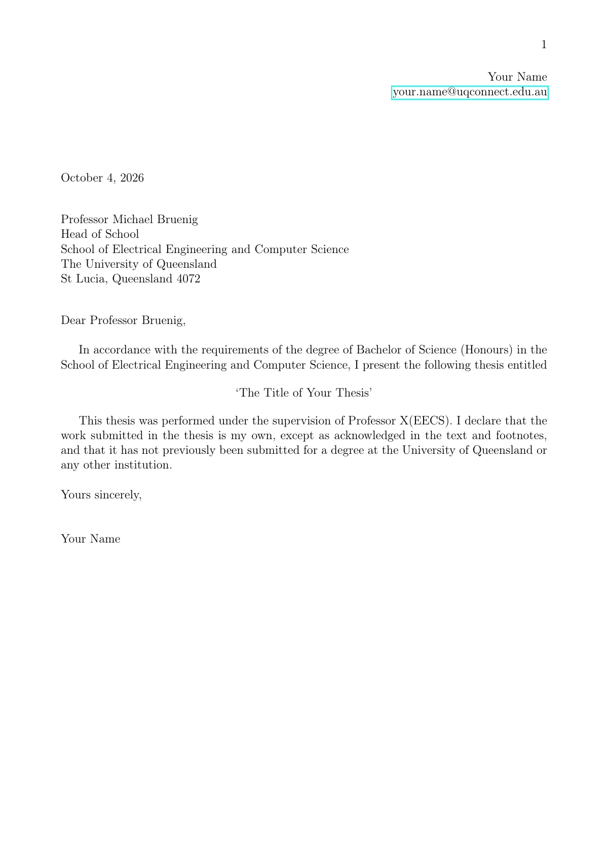 University of Queensland EECS undergraduate thesis LaTeX template, page 2 of 22