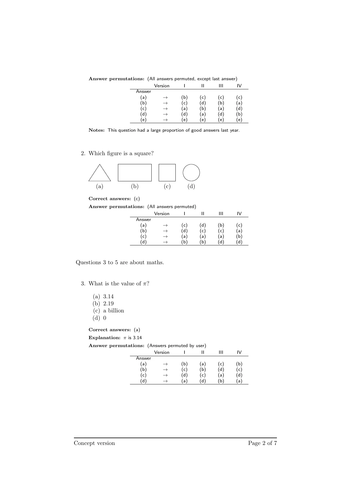 Multiple-choice exam with random order (mcexam) LaTeX template, page 2 of 7