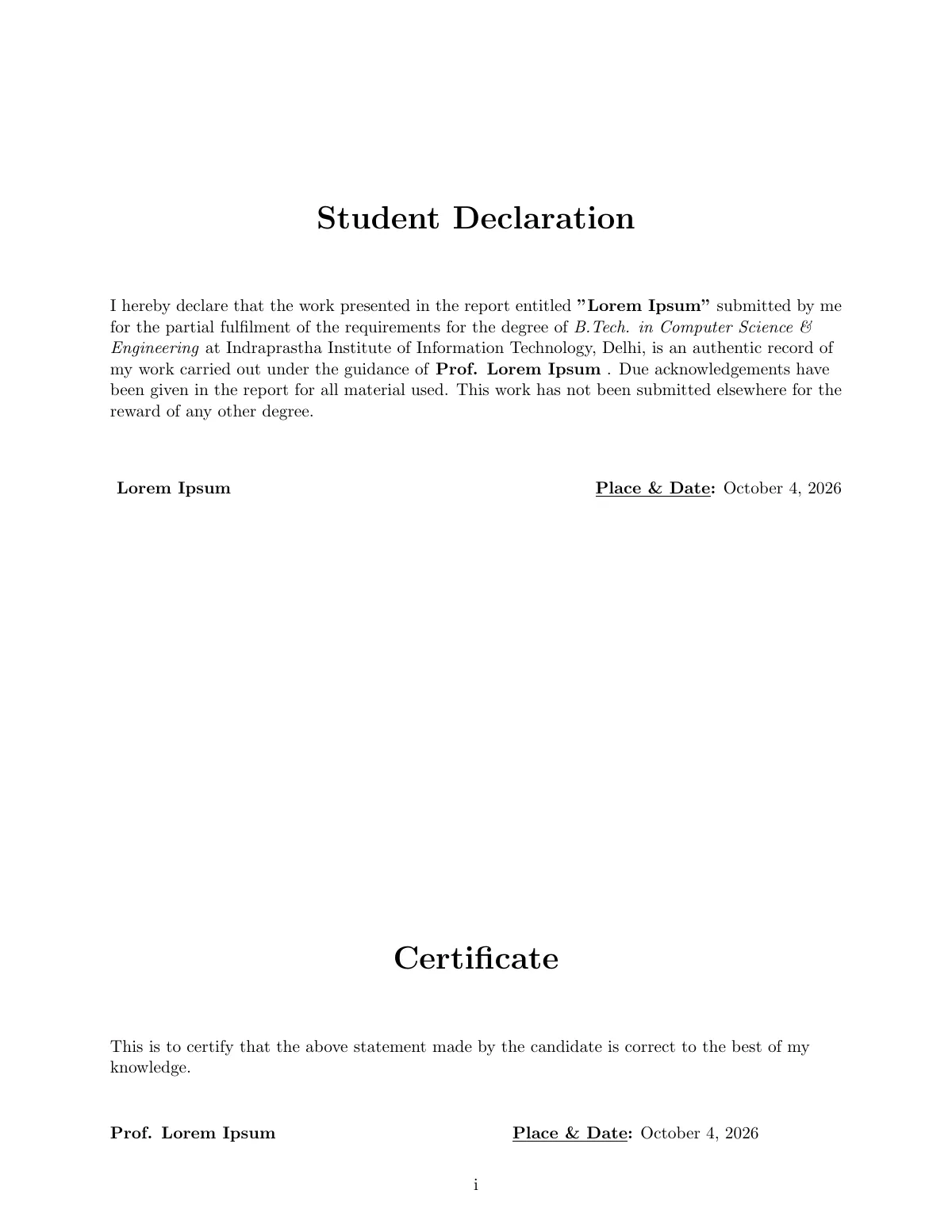 IIIT Delhi B.Tech project (BTP) report LaTeX template, page 2 of 11
