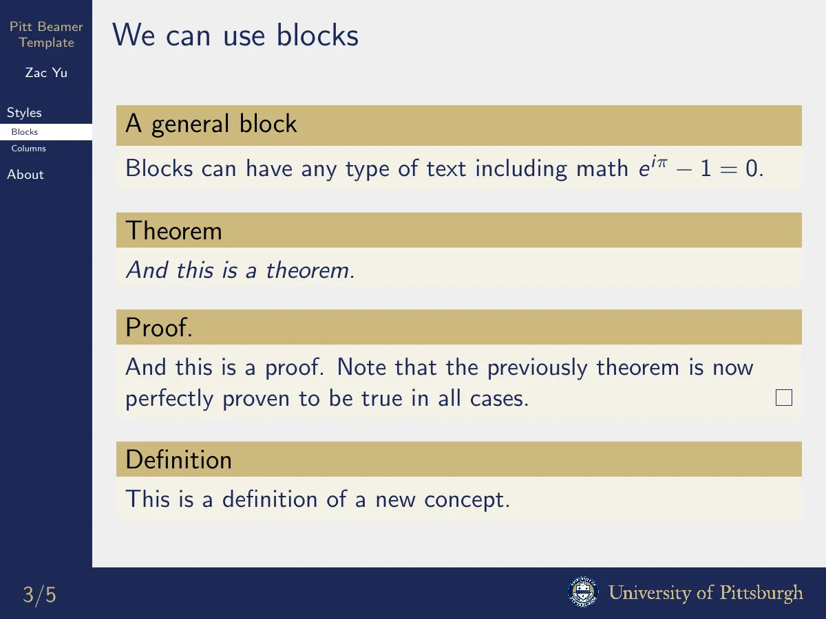University of Pittsburgh Beamer presentation LaTeX template, page 3 of 6