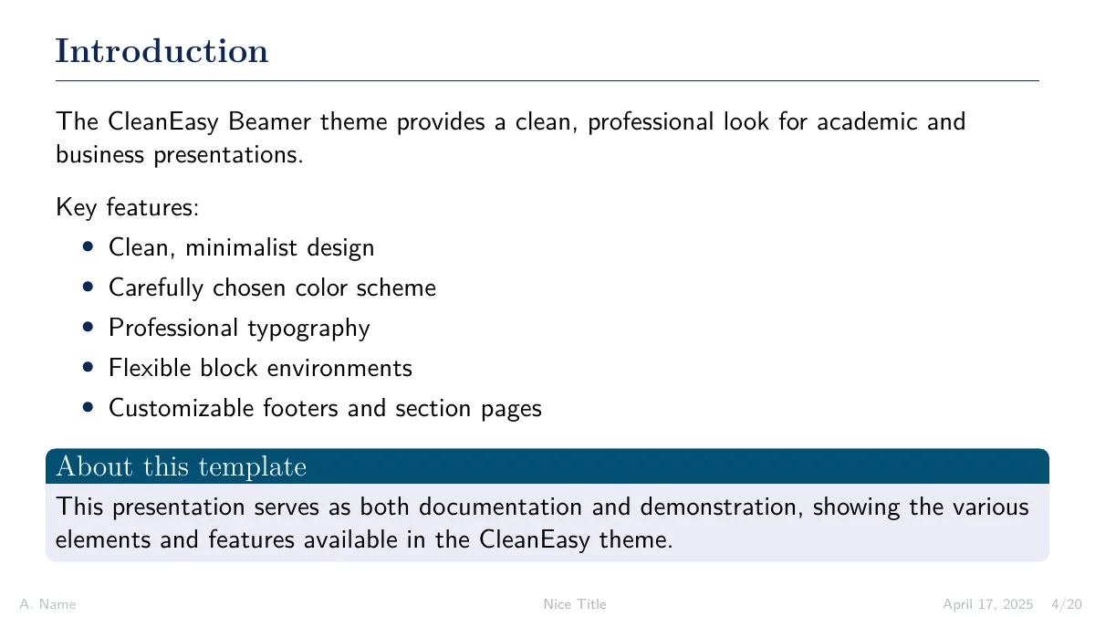 CleanEasy minimalist Beamer theme LaTeX template, page 4 of 24