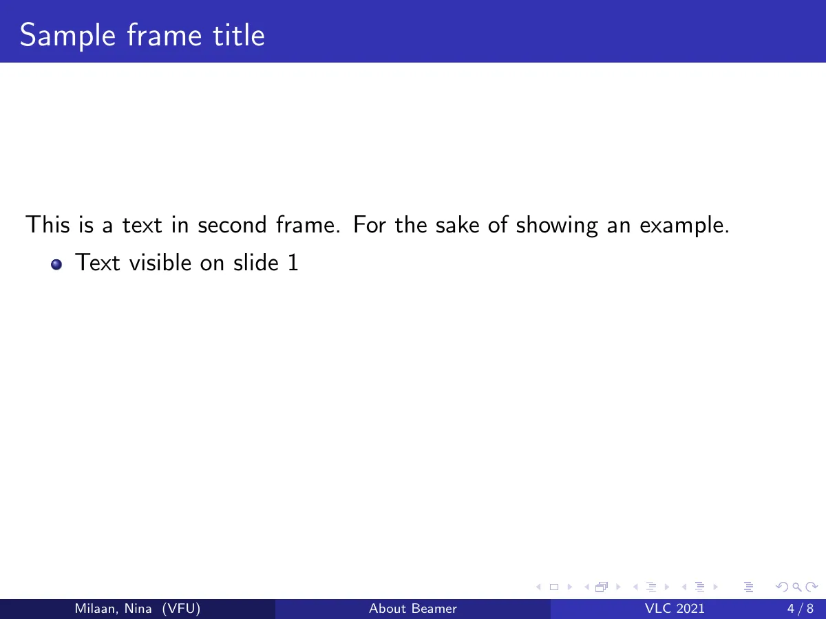 First Beamer presentation, short example LaTeX template, page 4 of 13