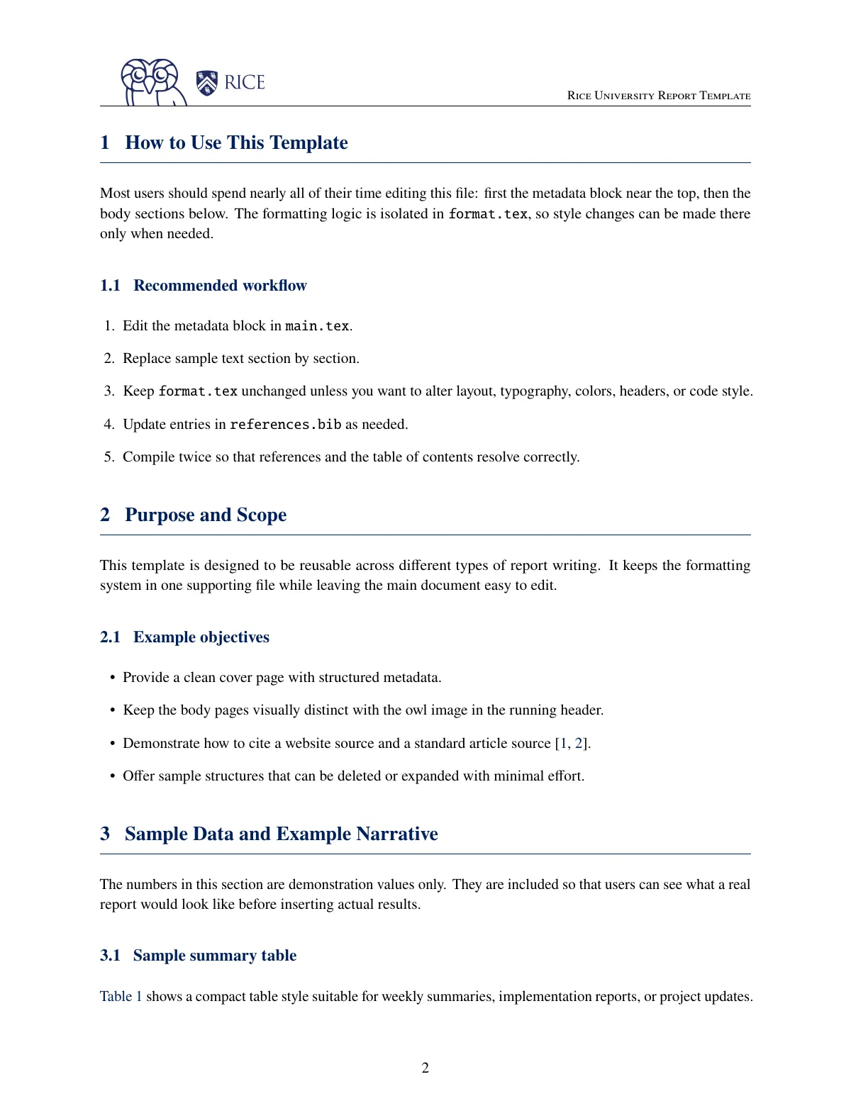 Rice University course report with cover page LaTeX template, page 3 of 7
