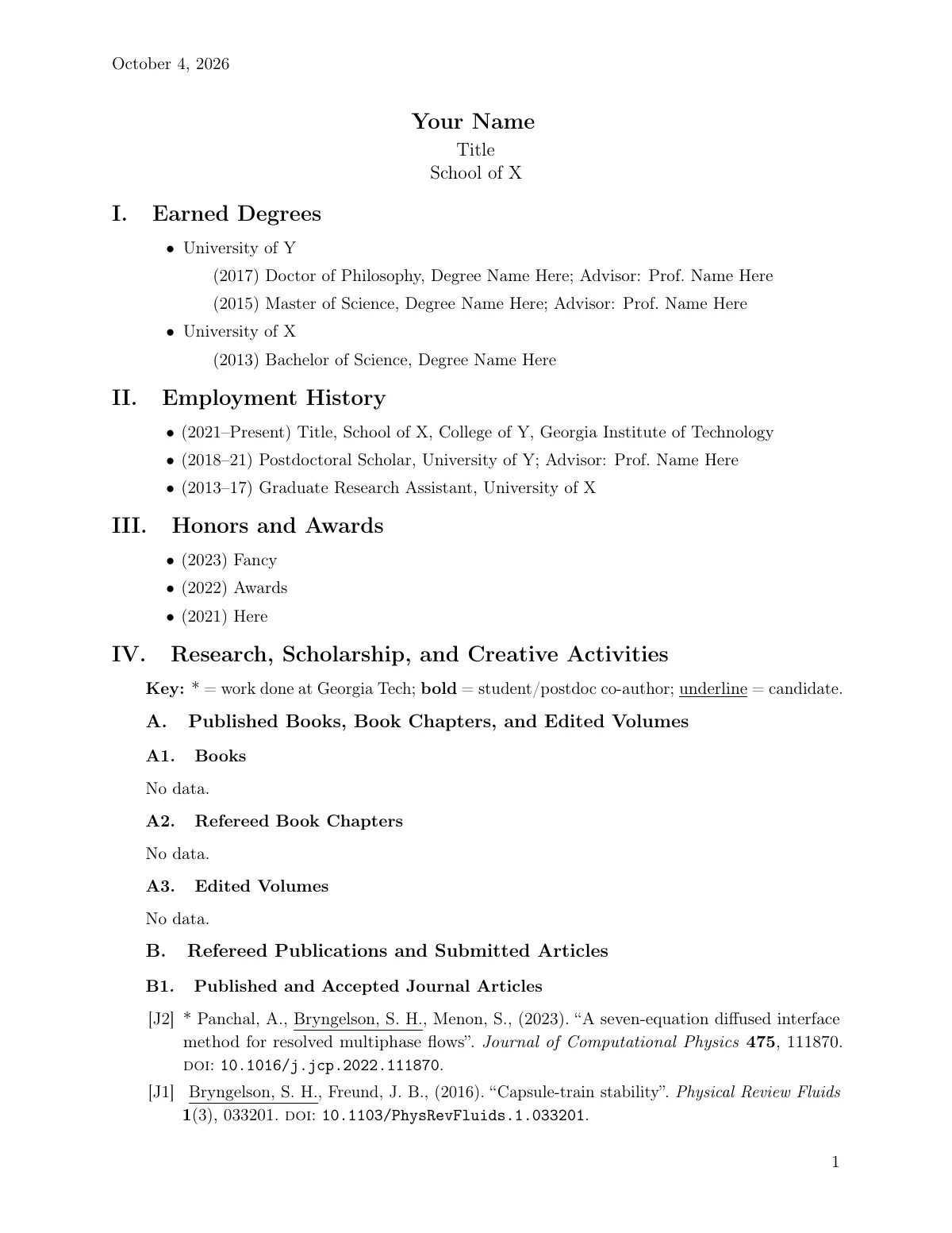 Georgia Tech faculty CV for promotion and tenure LaTeX template, page 2 of 6