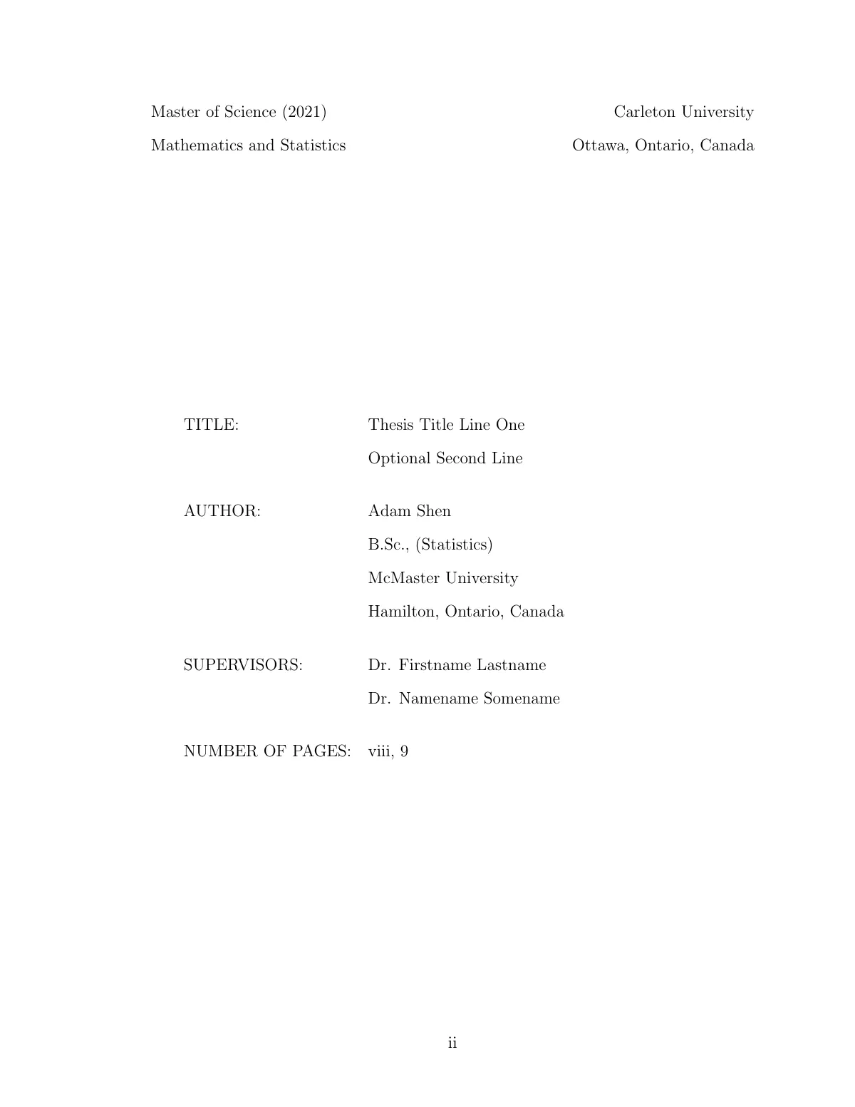 Plantilla de LaTeX Tesis de la Carleton University (XeLaTeX, PDF/A), página 2 de 17