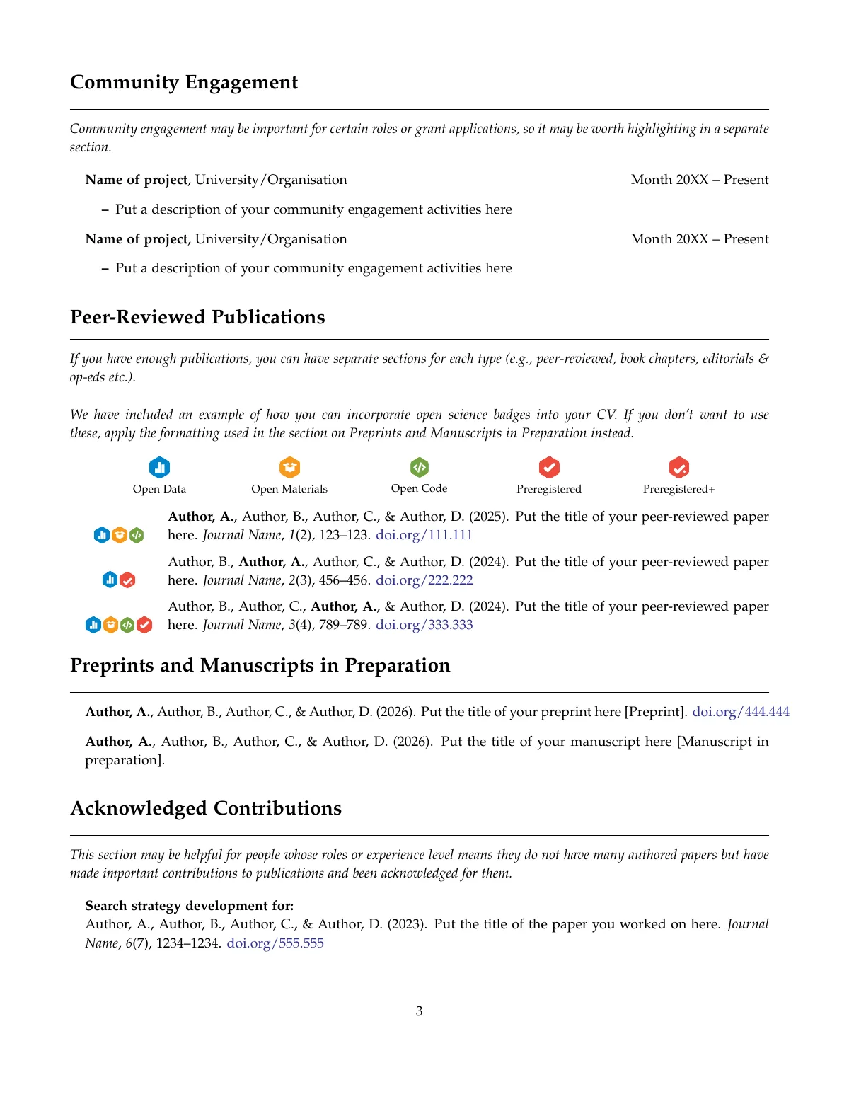 Academic CV with open science badges LaTeX template, page 3 of 5