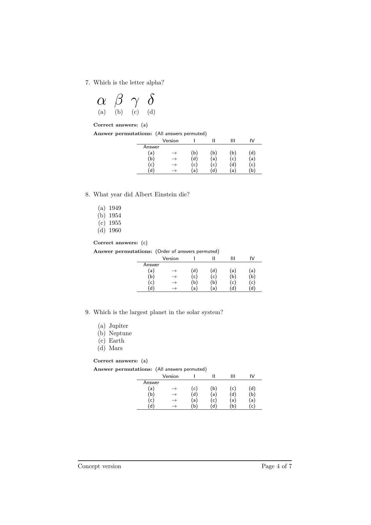 Multiple-choice exam with random order (mcexam) LaTeX template, page 4 of 7