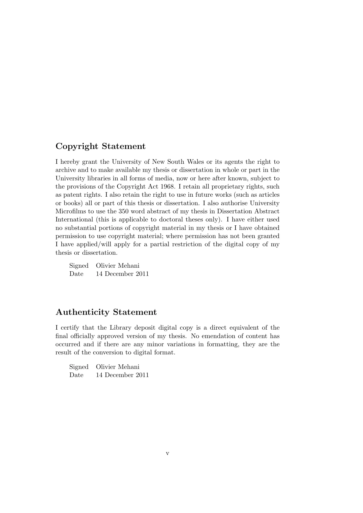 LaTeX-Vorlage PhD-Dissertation der UNSW mit Deckblatt und Erklärungen, Seite 5 von 27