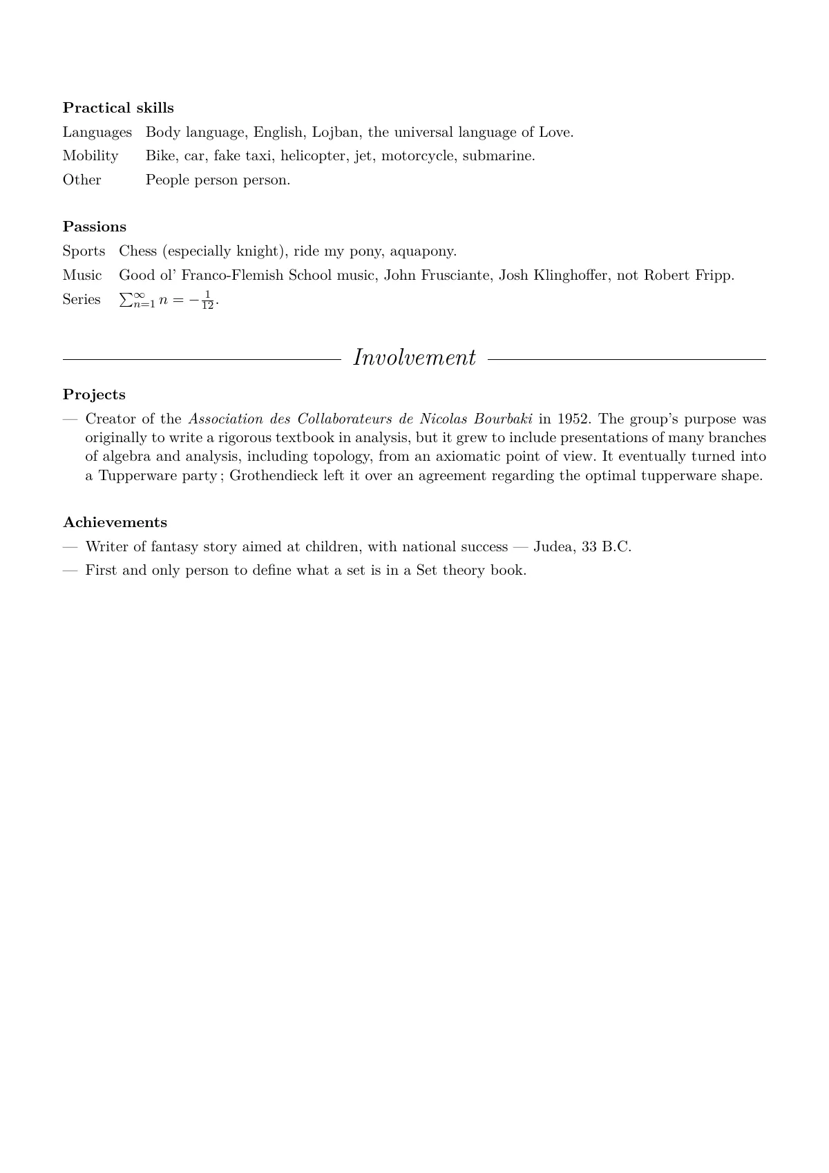Curriculum vitae in lists, English and French LaTeX template, page 2 of 2