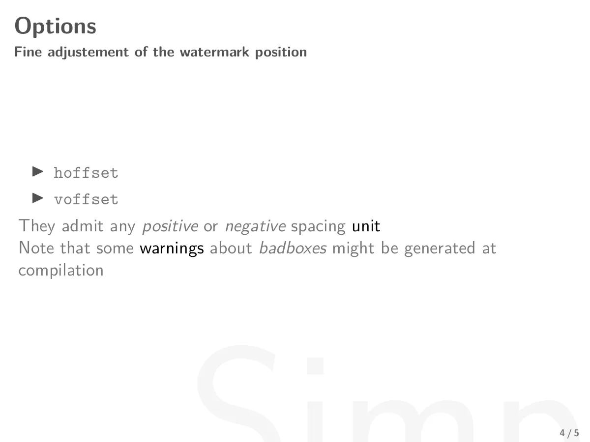 Minimalist Beamer theme with background watermark LaTeX template, page 4 of 5