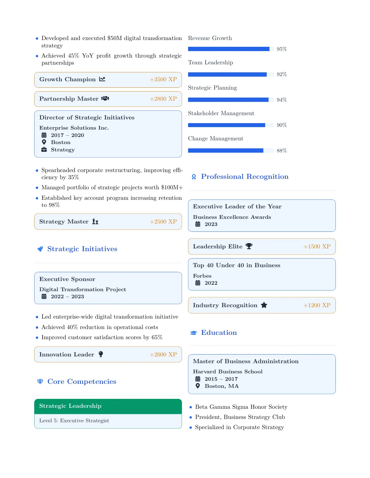 Plantilla de LaTeX CV gamificado con niveles y progreso, página 2 de 3
