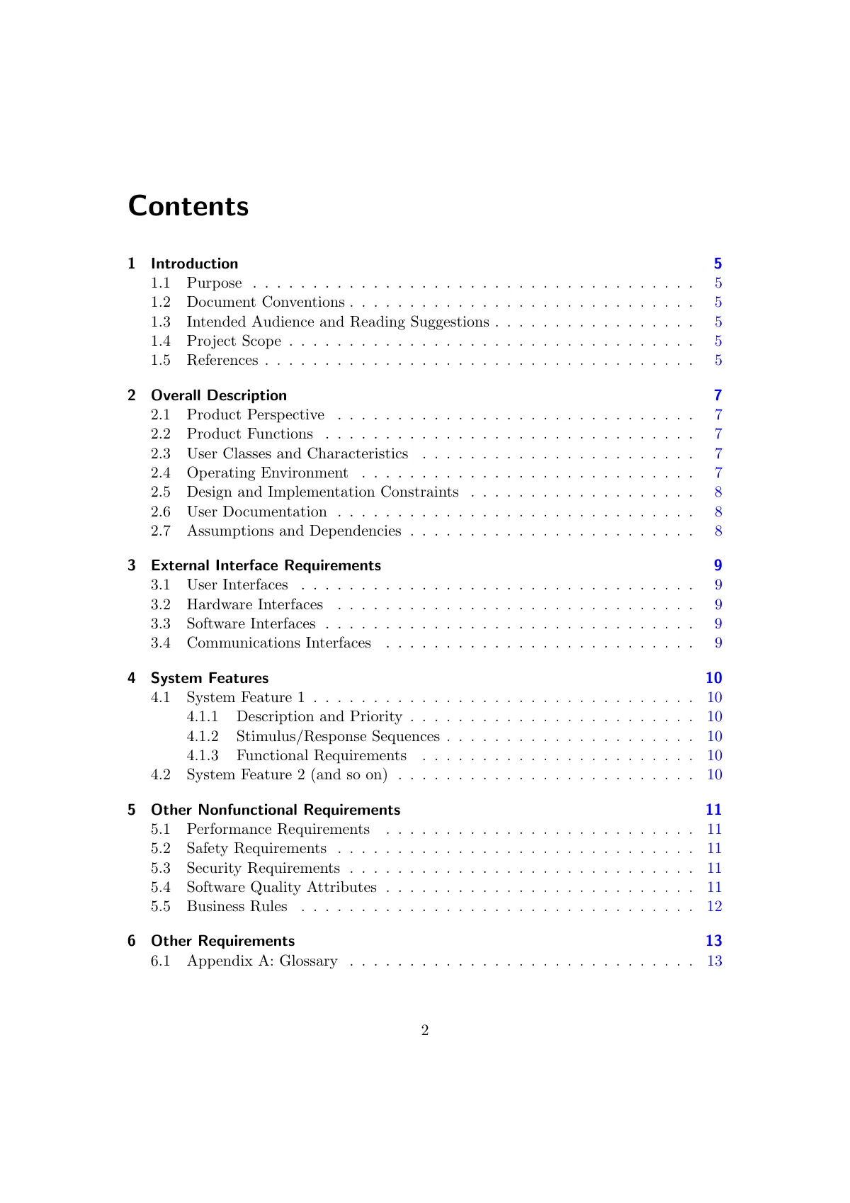 Software Requirements Specification (IEEE) LaTeX template, page 2 of 13