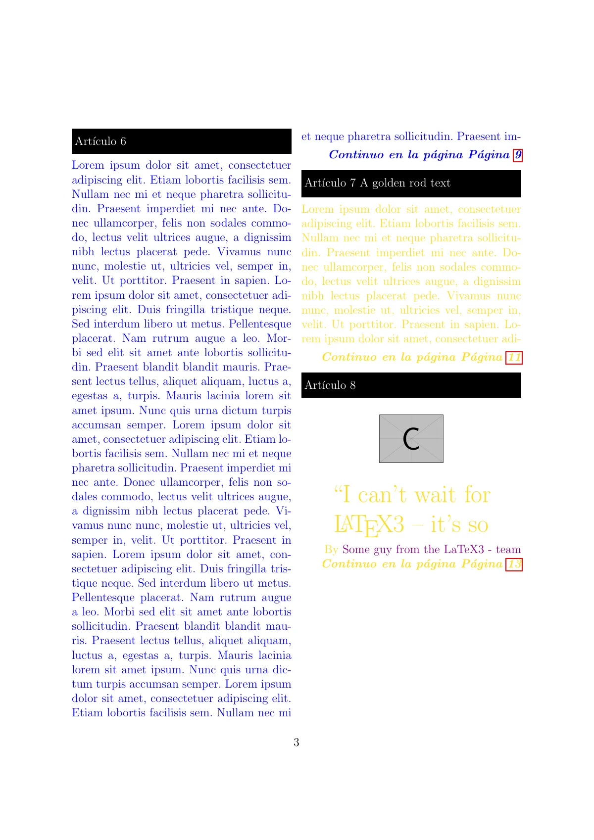 Newspaper-style articles with teasers and continuations LaTeX template, page 3 of 13