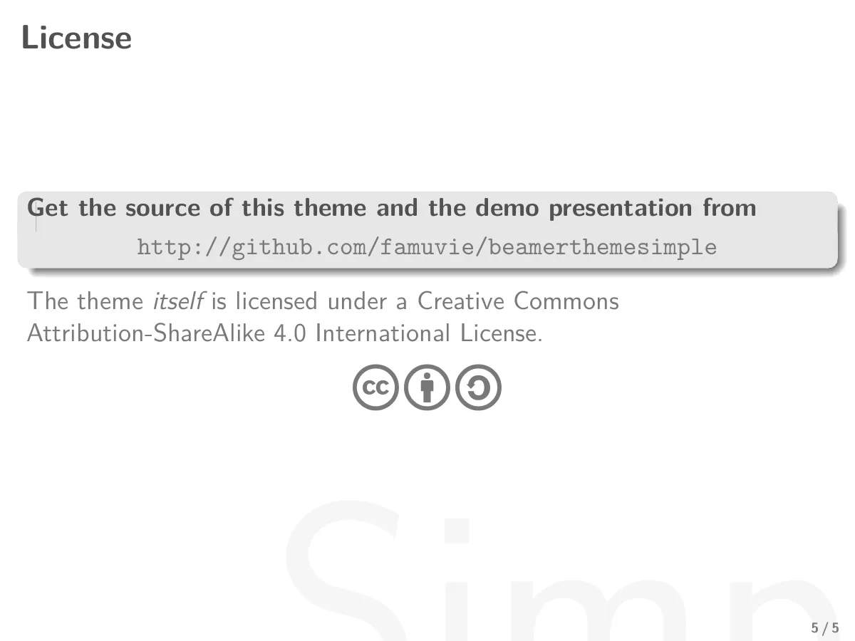 Minimalist Beamer theme with background watermark LaTeX template, page 5 of 5