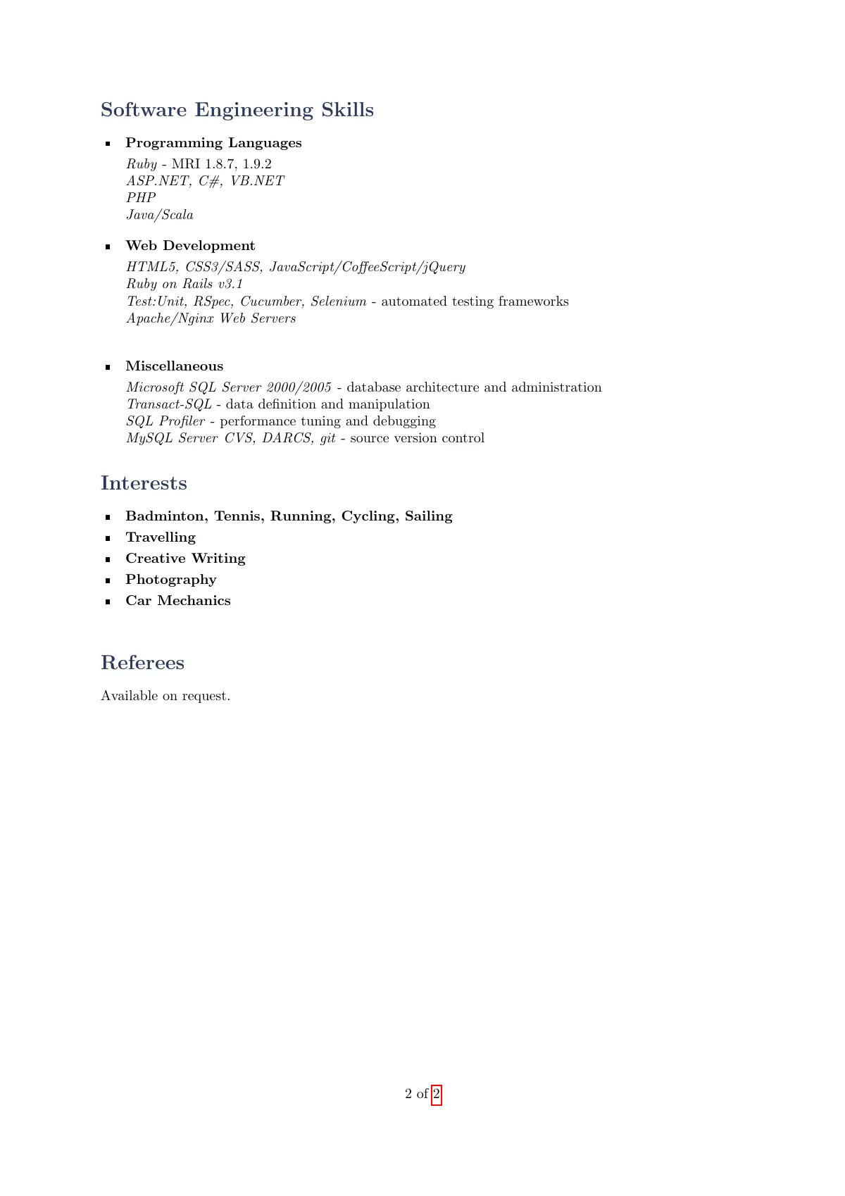 Classic CV with personal profile LaTeX template, page 2 of 2
