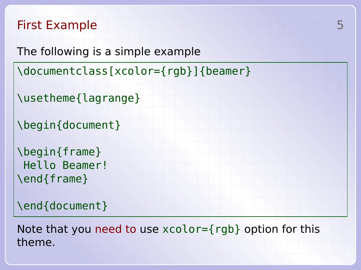LaTeX-Vorlage Concrete cLagrange Beamer-Theme mit Code-Listings, Seite 5 von 7
