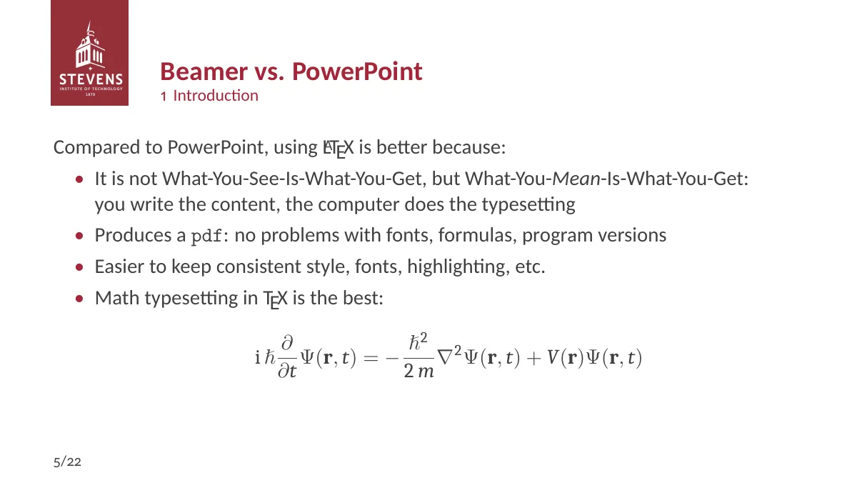 Stevens Institute of Technology Beamer presentation LaTeX template, page 5 of 25