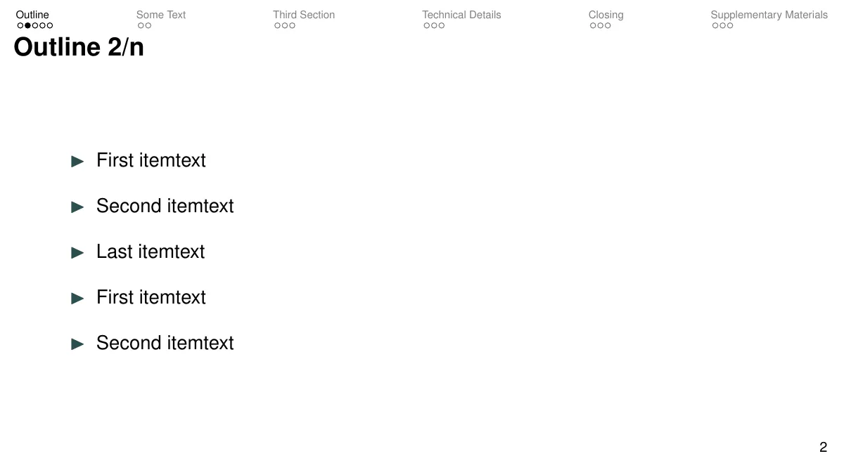 Minimal Beamer presentation with progress dots LaTeX template, page 3 of 20