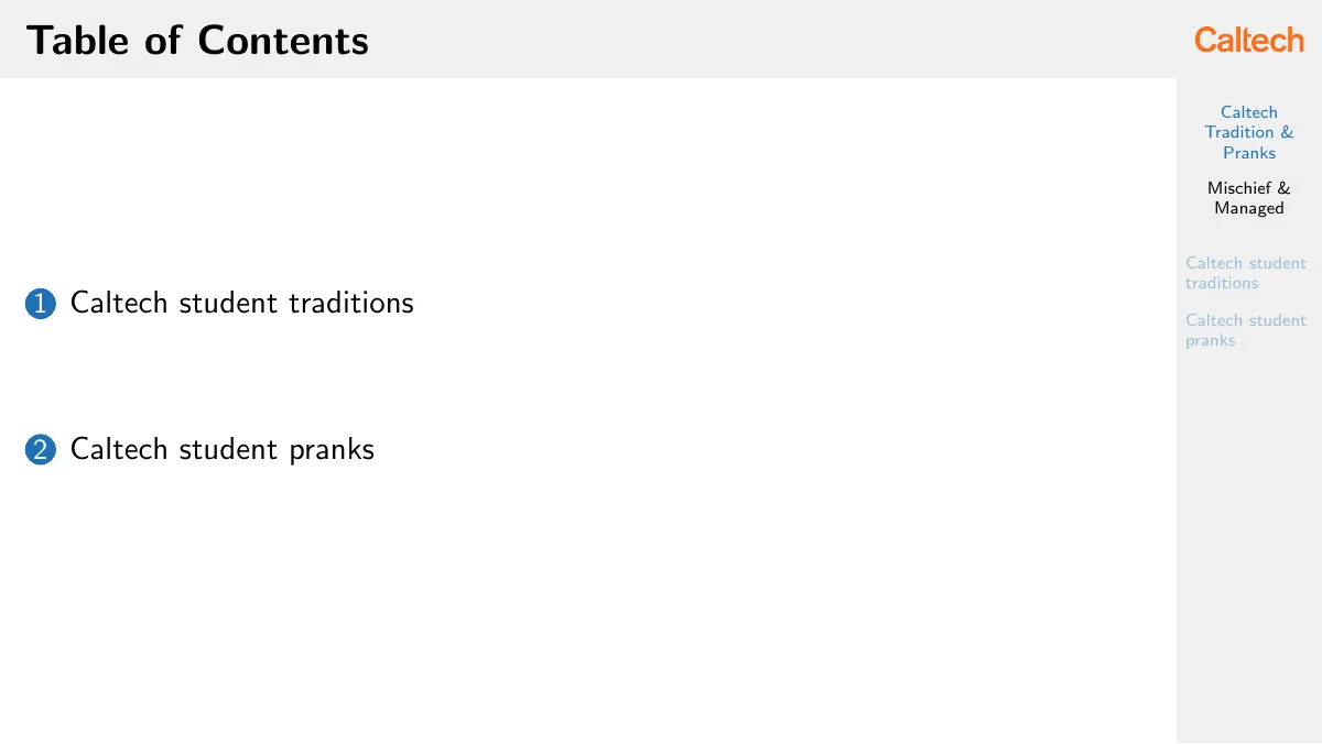 Caltech Beamer presentation theme LaTeX template, page 2 of 9
