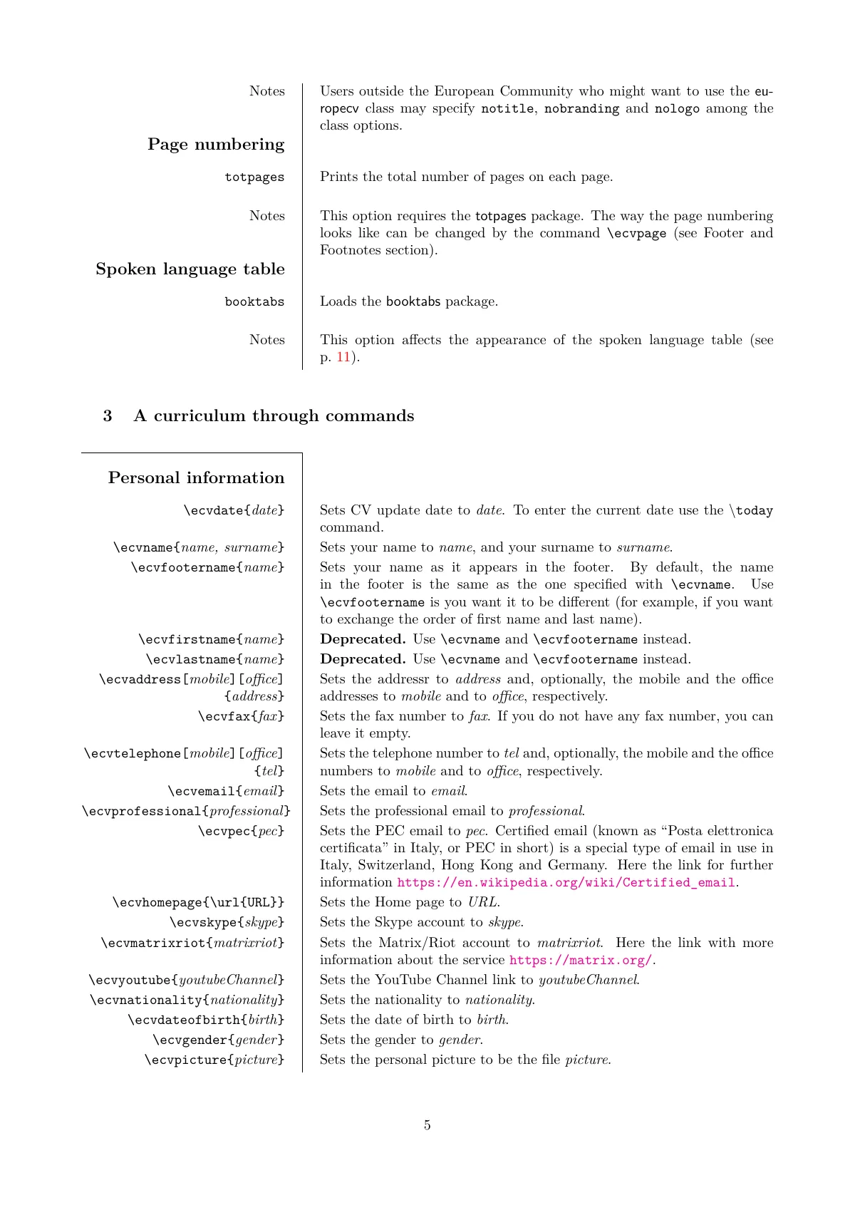 Plantilla de LaTeX Manual de la clase europecv, página 5 de 17