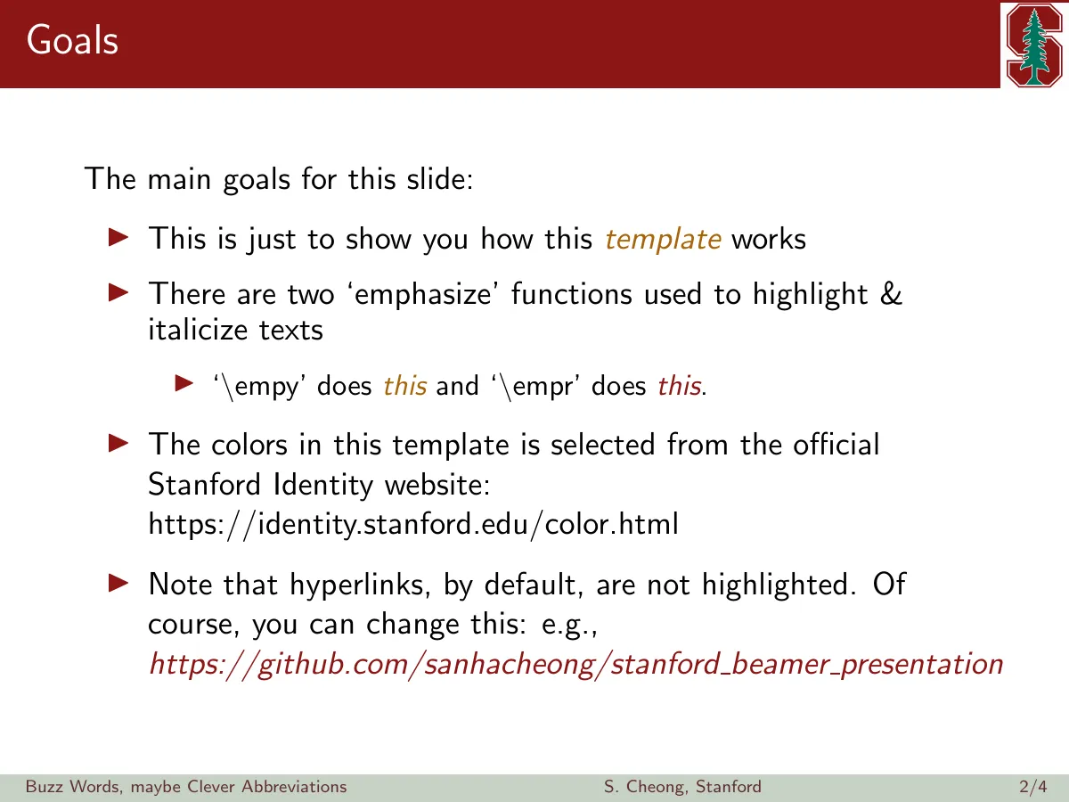 Stanford University Beamer presentation theme LaTeX template, page 2 of 4