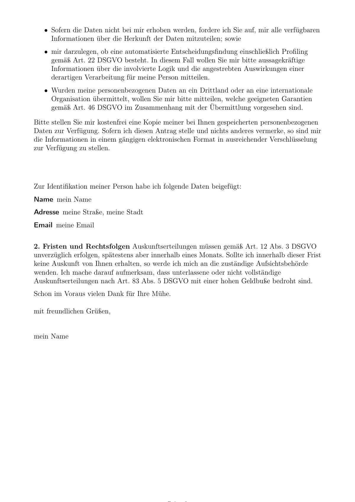 Plantilla de LaTeX Carta de solicitud de acceso a datos DSGVO (alemán), página 2 de 2