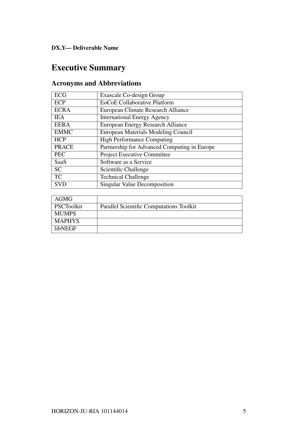 Modèle LaTeX Rapport de livrable EoCoE, page 5 sur 19