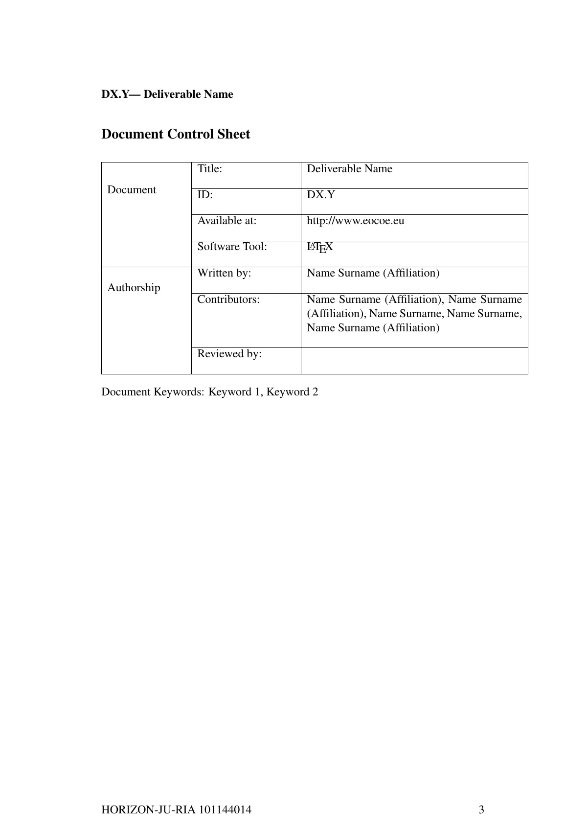 Modèle LaTeX Rapport de livrable EoCoE, page 3 sur 19