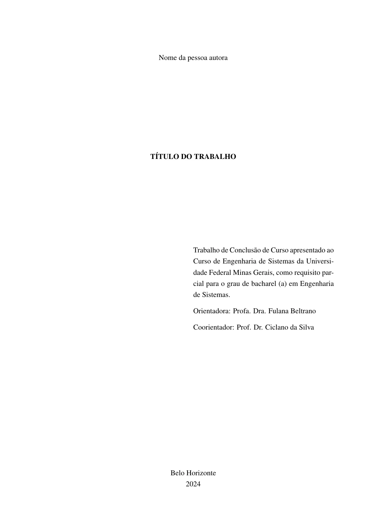 UFMG undergraduate final project, Portuguese LaTeX template, page 2 of 22