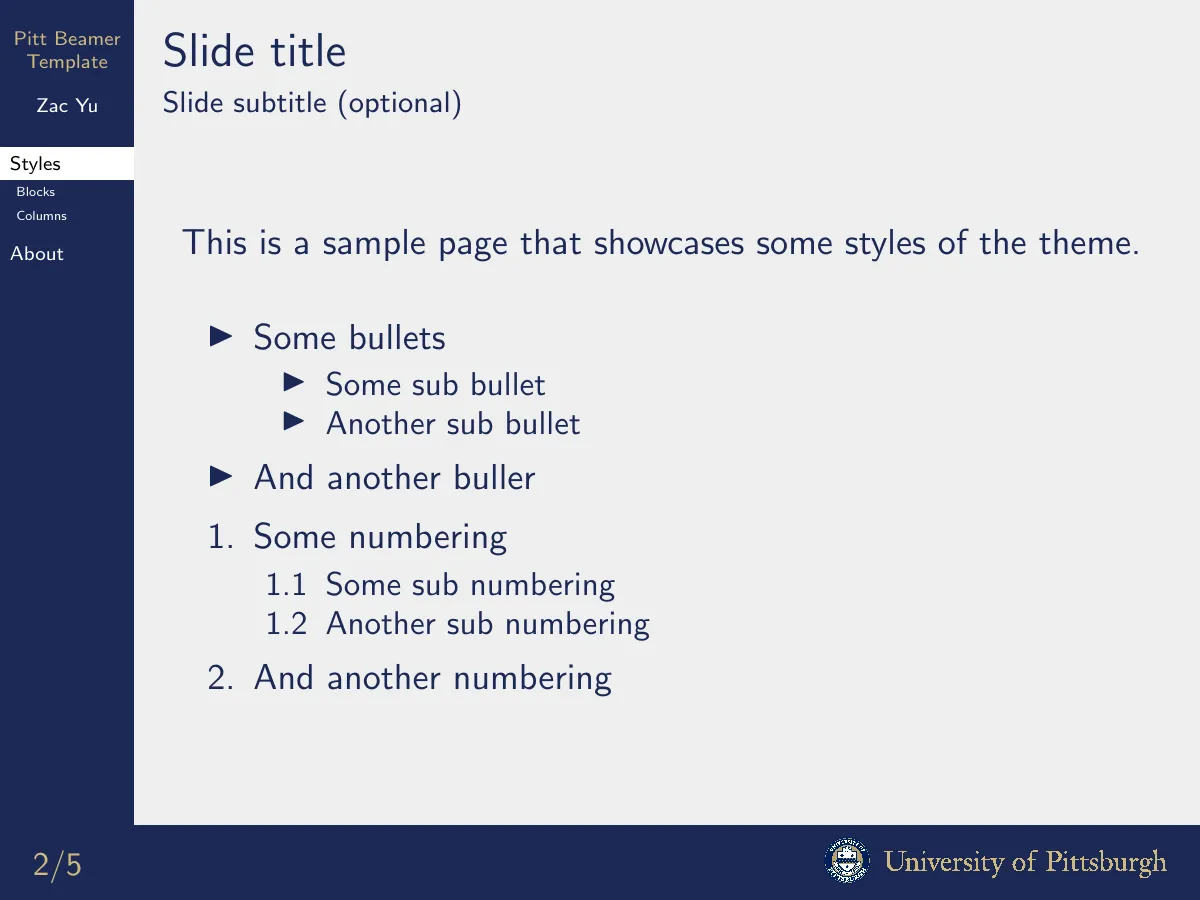University of Pittsburgh Beamer presentation LaTeX template, page 2 of 6