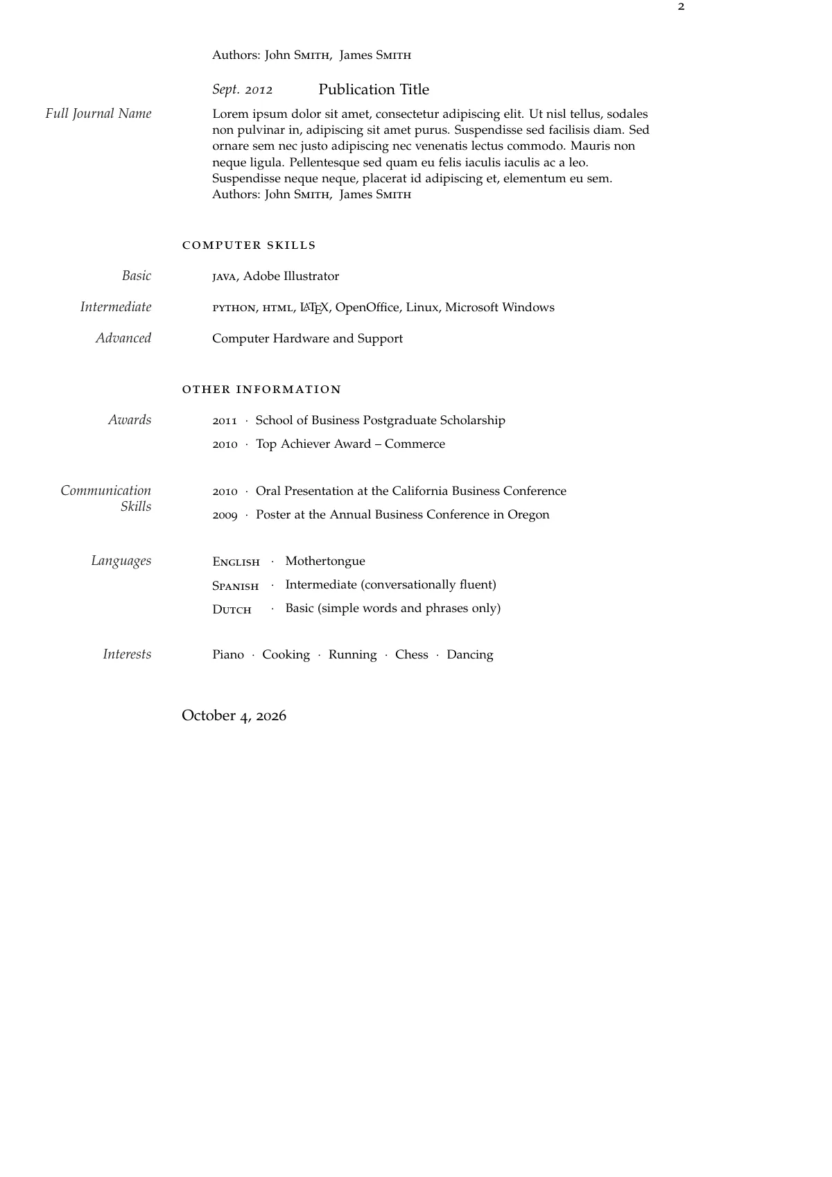 Classic CV with classicthesis and currvita LaTeX template, page 2 of 2